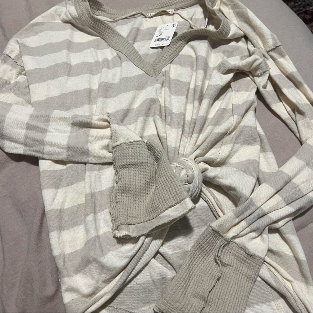 Free People Cream and Gray Striped V-Neck Sweater